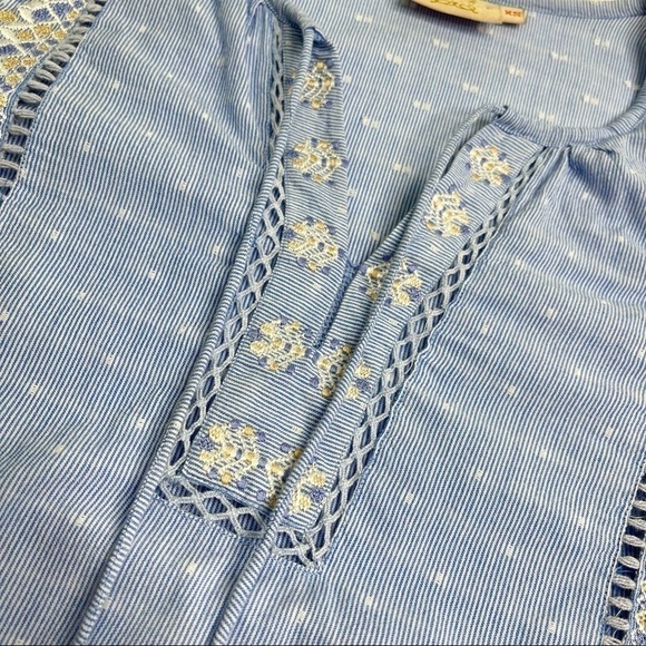 Rungolee Boho Blue Chambray Cottagecore Embroidered Bell Sleeve Tassel Dress - Picture 6 of 17